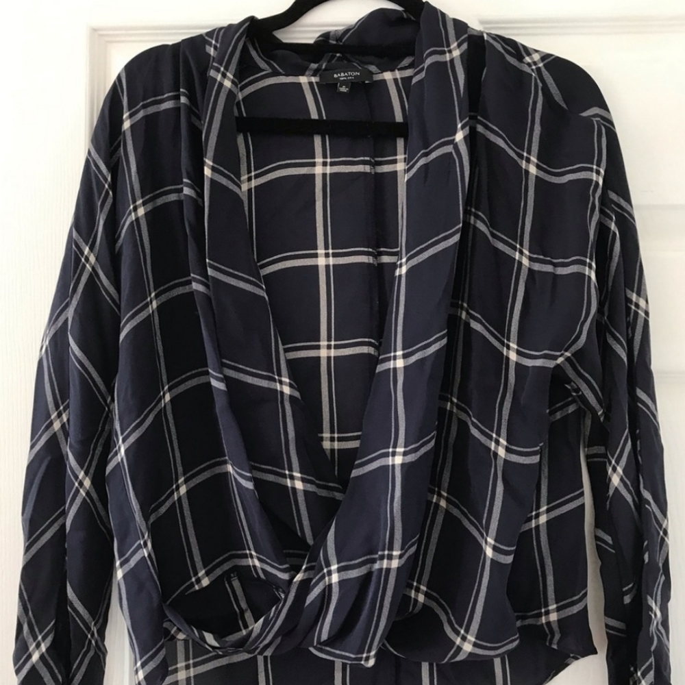 Aritzia Navy and White Plaid Draped Front Blouse